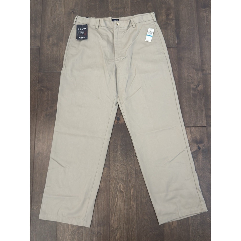 NWT Izod Mens Beige Flat Front American Chino Metrix Fit Pants Size 36X32 Cotton